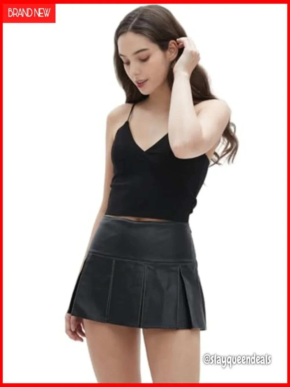 PU Faux Leather Pleated Mini Skirt, Mid-Low Waist, Regular Fit, Hand Wash